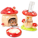BNOSDM 3-in-1 ceramic hamster hideout with mushroom design in red for cozy habitat.