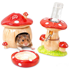 BNOSDM 3-in-1 ceramic hamster hideout with mushroom design in red for cozy habitat.