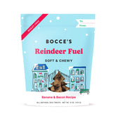 Bocce's Bakery Reindeer Fuel packaging on shelf signals premium, all-natural holiday dog treats.