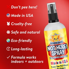Bodhi Dog Not Here! Spray shown with puppy pads for potty training.