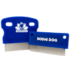 Bodhi Dog Tear Eye Combs used on a dog's face for delicate grooming.