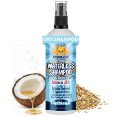 Bodhi Dog Waterless Shampoo bottle closeup for quick no-rinse cleaning.