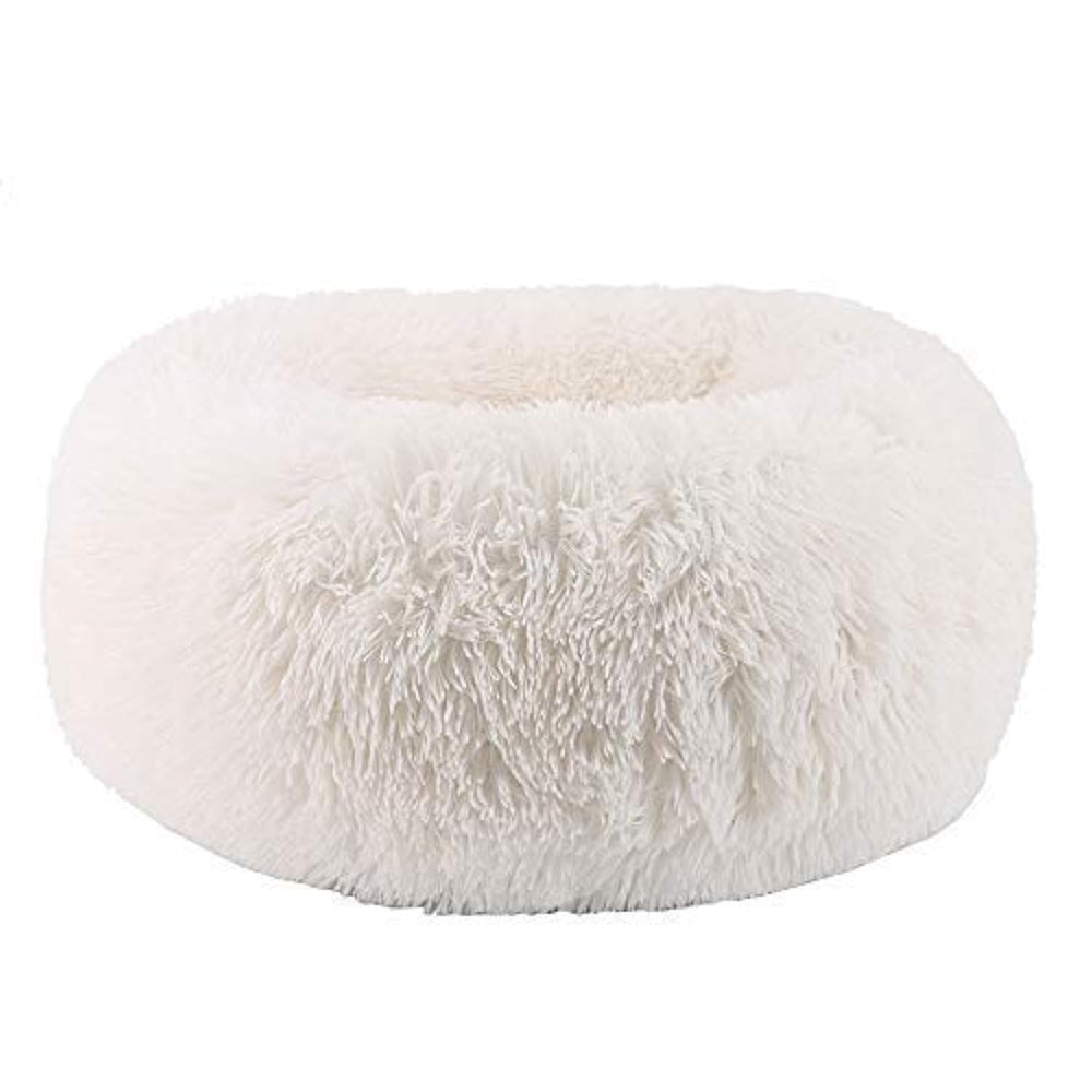 Front view of the BODISEINT plush round pet bed offering cozy donut design for cats and small dogs