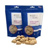 Body and Soul berry blend honey crunchy dog treats 2-pack; tasty daily reward for dogs.