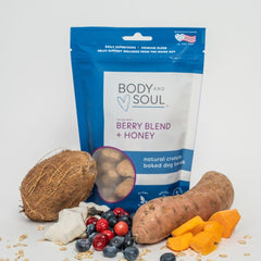 Body and Soul berry blend honey crunchy dog treats closeup; crisp texture enhances bite-sized chewing.
