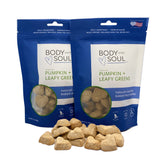 Body and Soul pumpkin-leafy-greens treat front showcases immune-supporting, crunchy goodness.