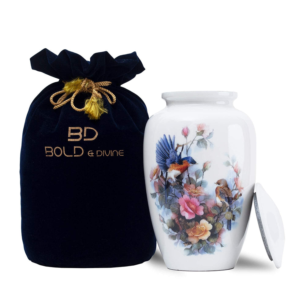 BOLD & DIVINE birds-floral-urn-closeup-engraving showcases craftsmanship for a dignified memorial.