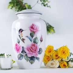 Bold & Divine hummingbird urn close-up reveals colorful finish and detailed artistry.