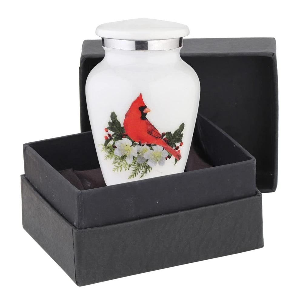 BOLD & DIVINE Small Beautiful Red Cardinal Keepsake Urn main view for lasting remembrance.