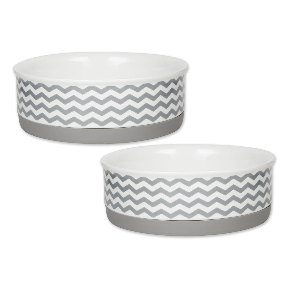 Bone Dry ceramic pet bowls in chevron gray with non-slip base for tidy meals