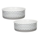 Bone Dry ceramic pet bowls in chevron gray with non-slip base for tidy meals