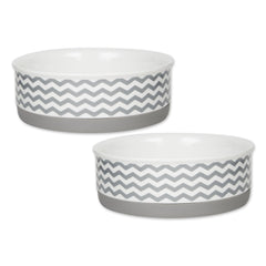 Bone Dry ceramic pet bowls in chevron gray with non-slip base for tidy meals