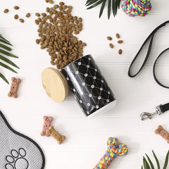 Bone Dry countertop pet storage display keeps treats within reach in kitchen.