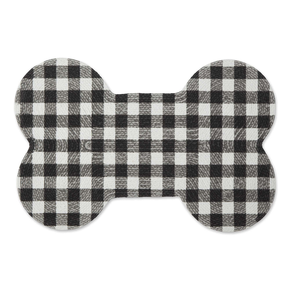 Bone Dry DII braided pet mat, bone shape, black/white buffalo check protects floors from spills.