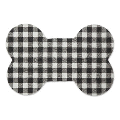 Bone Dry DII braided pet mat, bone shape, black/white buffalo check protects floors from spills.