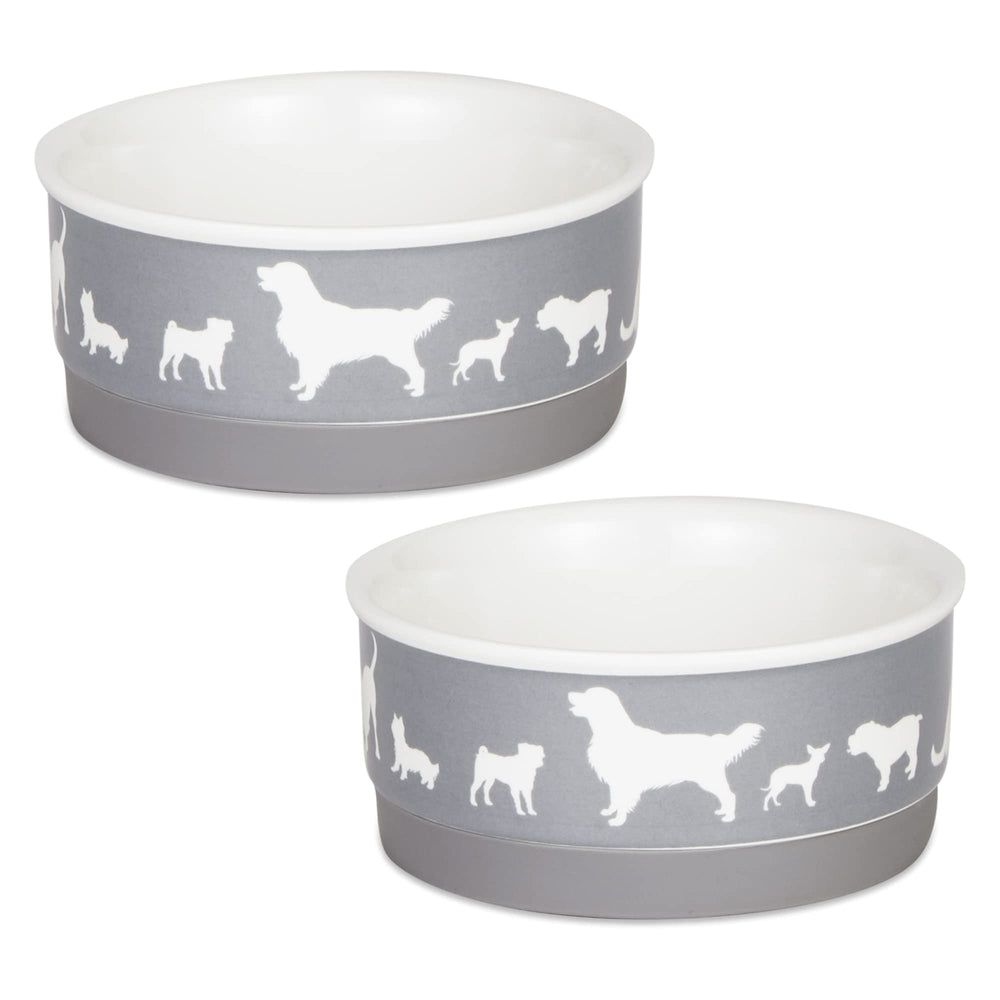 Bone Dry dog bone ceramic bowl gray side view with non-slip base for stability