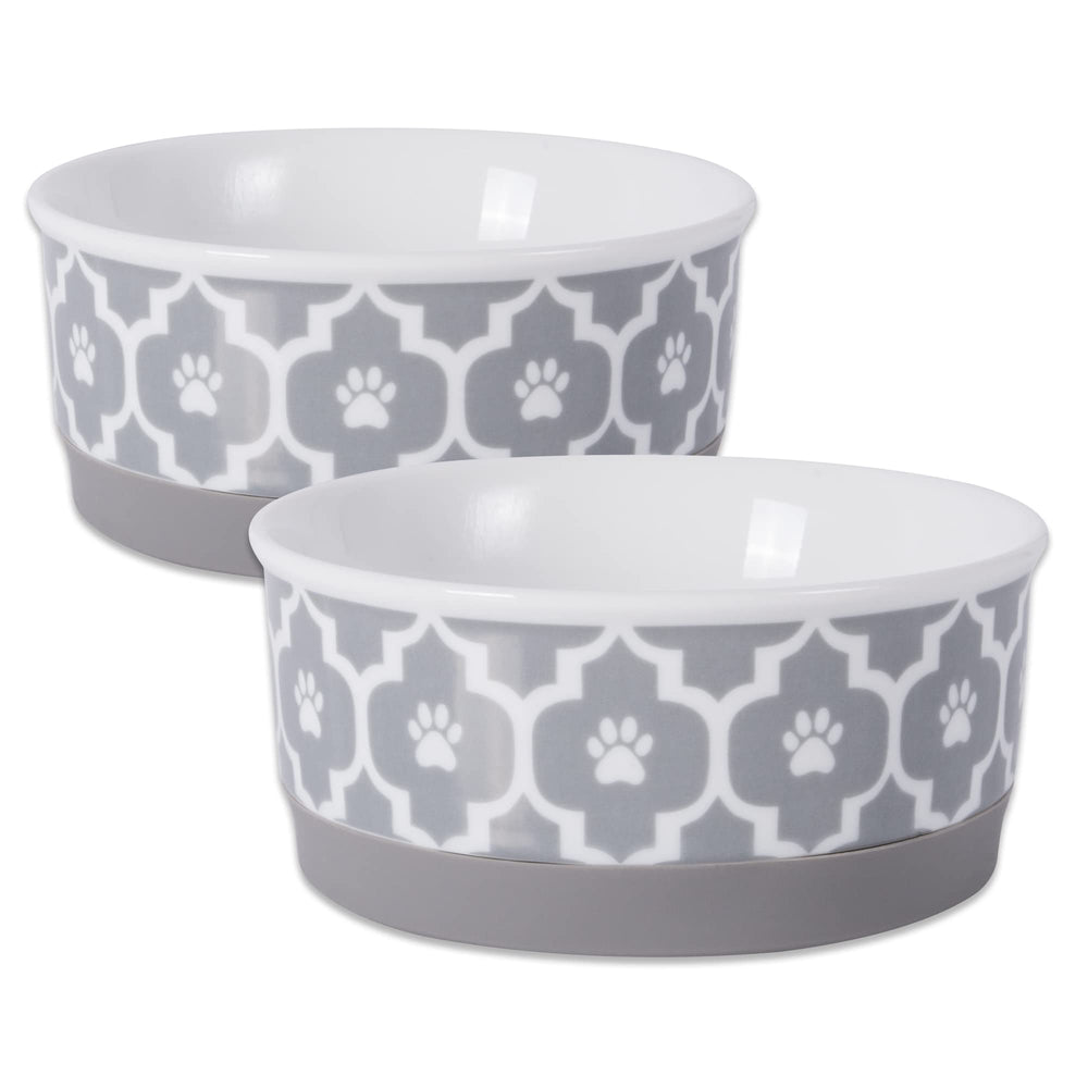 Bone Dry lattice gray set front shows two non-slip bowls for mess-free meals.