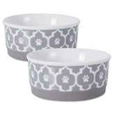 Bone Dry lattice gray set front shows two non-slip bowls for mess-free meals.