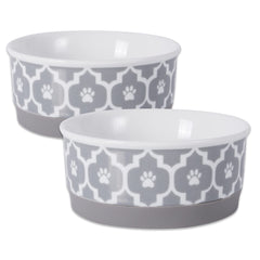 Bone Dry lattice gray set front shows two non-slip bowls for mess-free meals.