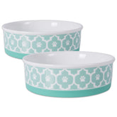 Bone Dry paw-print-bowl lattice closeup aqua highlights durable porcelain finish for everyday meals.