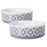 Bone Dry paw print bowl lattice large gray 2-count shown with non-slip silicone rim for steady meals.