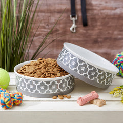 Bone Dry paw print bowl lattice large gray 2-count emphasizes microwave-safe option for quick warming.