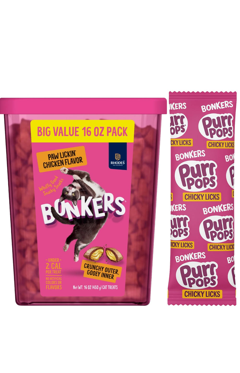 Bonkers Paw Lickin' Chicken Treats front of pack highlight value and freshness for cats.