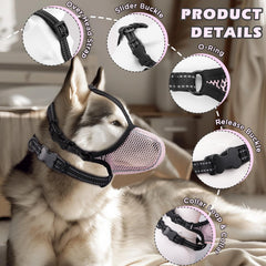 BONTHEE dog muzzle pink XXL side view highlighting adjustable straps for secure fit.