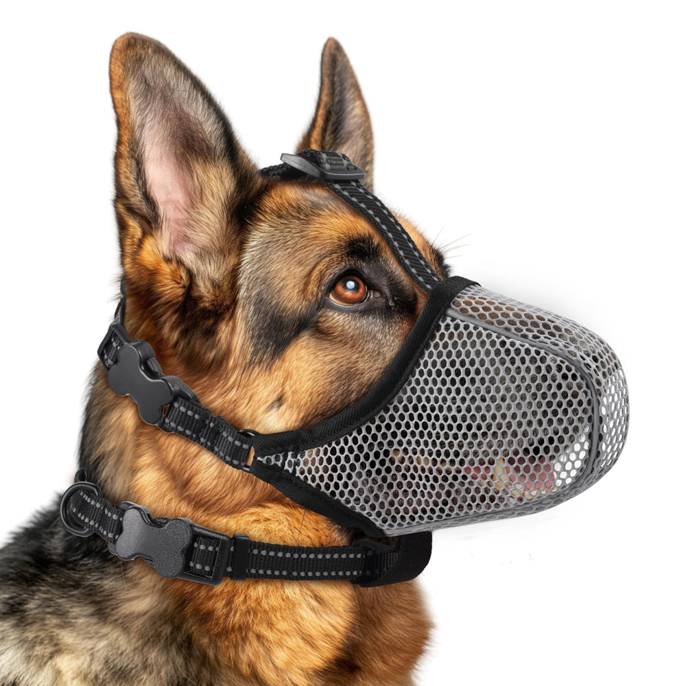 BONTHEE Grey XL muzzle front view showing breathable mesh for comfort.