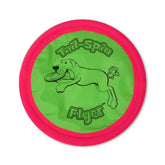 Booda Tail-Spin Flyer 12-inch in flight, soft fabric for gentle catches and long-lasting outdoor play.