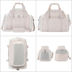 Bosnanller carrier beige expandable top opened to reveal extra space for pets
