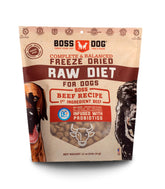 Boss Dog beef-recipe bag open shows freeze-dried morsels for complete balanced meals.