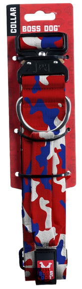 Boss Dog tactical collar in red white blue camo on an XL dog for bold outdoor style