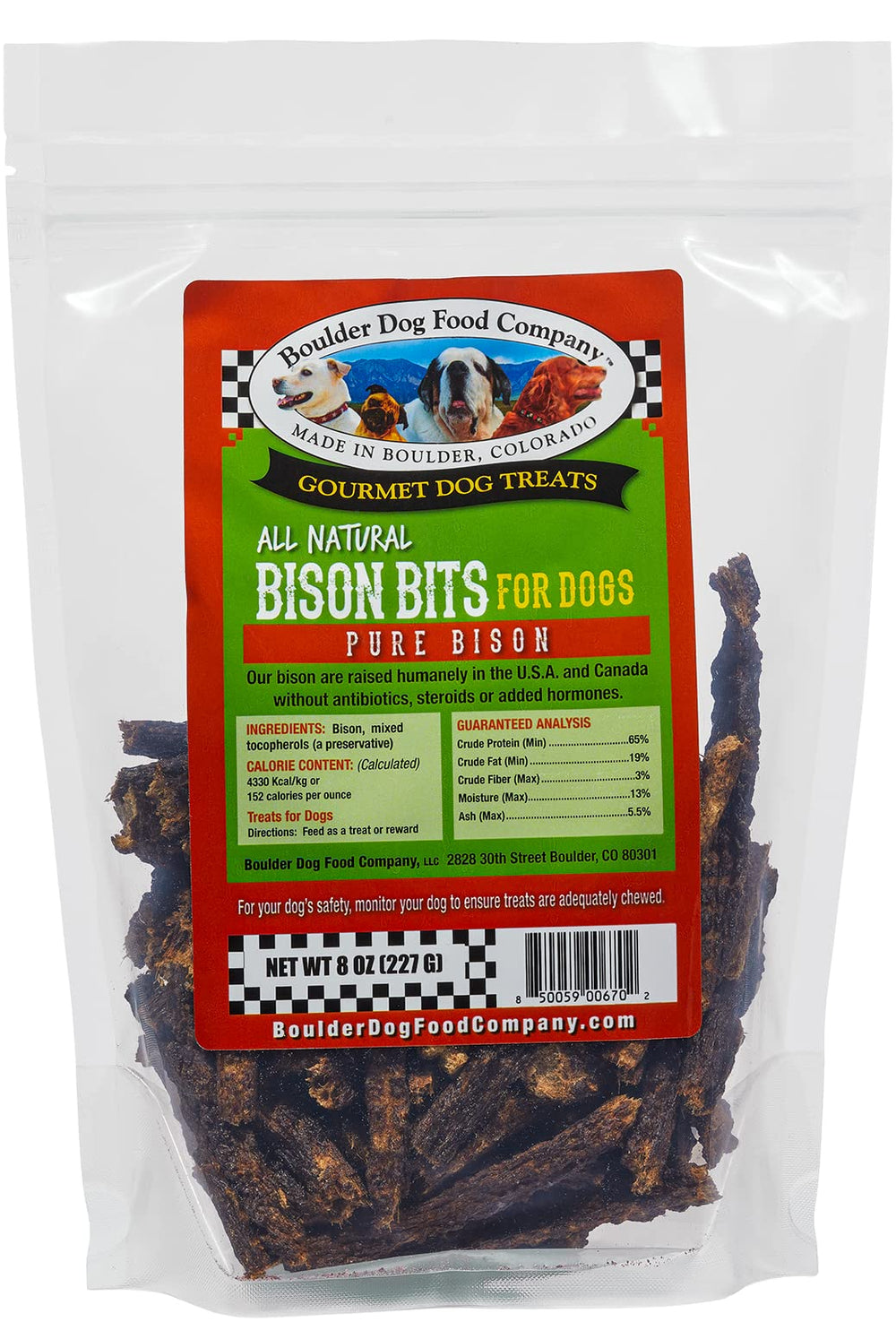 Boulder Dog Food Company Bison Bits bag close-up grain-free allergen-friendly treat