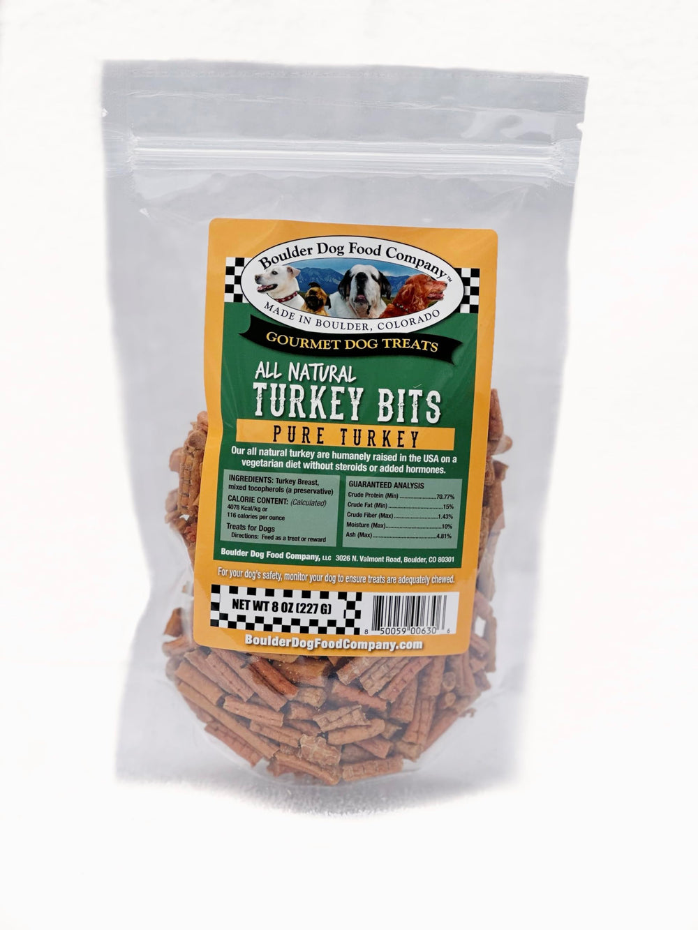 Boulder Dog Food Company Turkey Bits bag close-up highlighting natural ingredients for training rewards