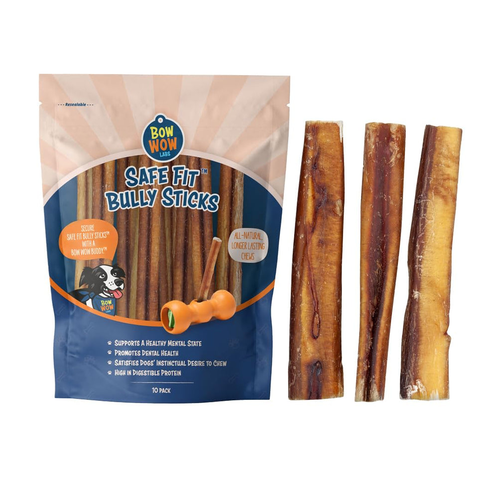 Bow Wow Labs 6-inch SafeFit bully sticks packaging highlights premium beef and hormone-free ingredients.