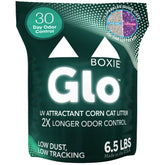 Boxiecat Glo litter bag close-up showing natural corn composition for easy scooping
