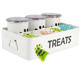 Brabtod 28oz metal dog treat containers 3-pack on countertop for organized storage.