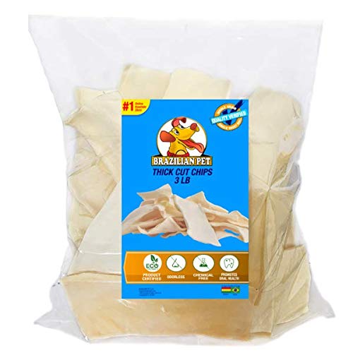 Brazilian Pet Premium thick cut chips packaging demonstrates natural rawhide treat for long-lasting chew.