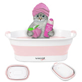 BREENHILL collapsible dog bath tub pink hero demonstrates space-saving bathing solution