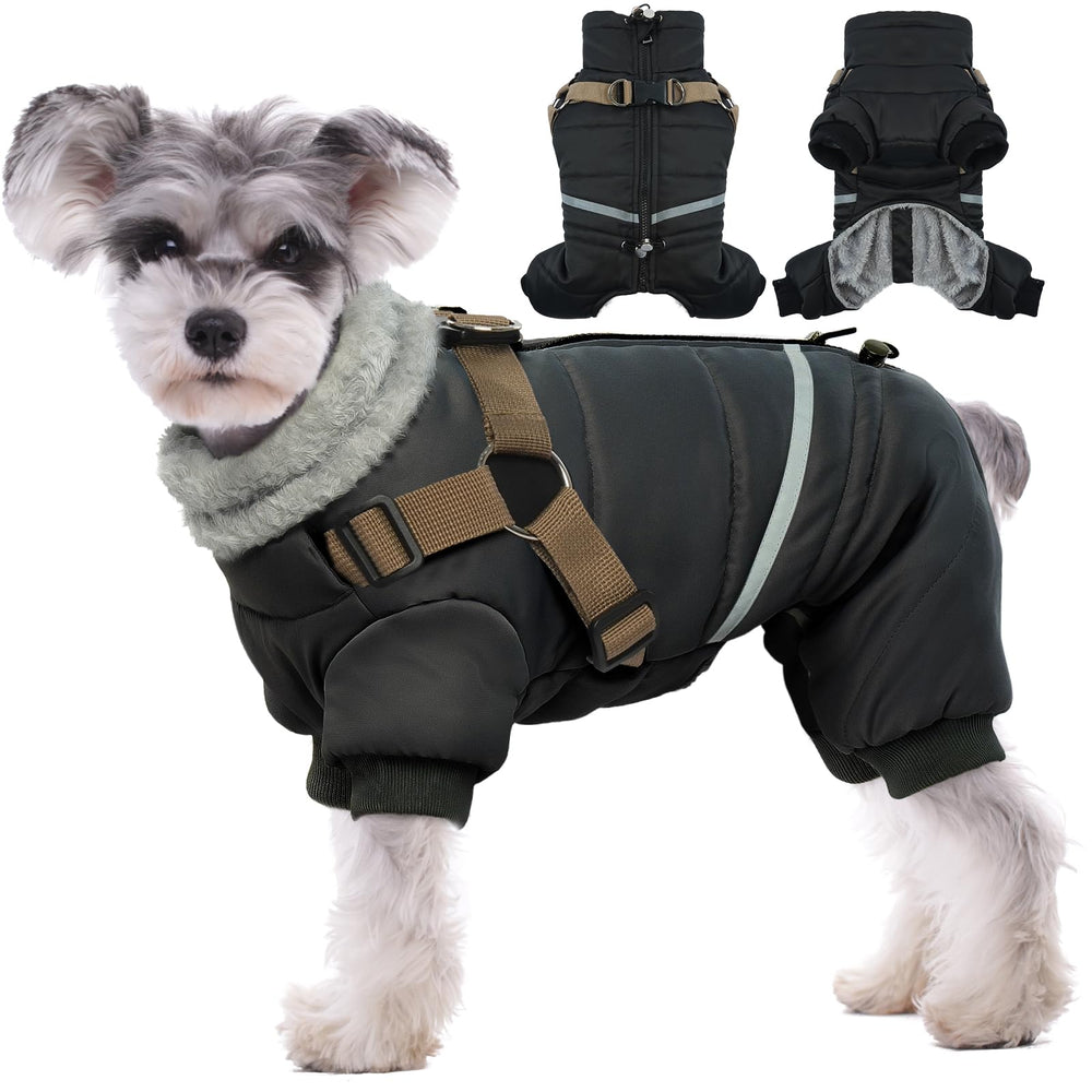 BRKURLEG black-dog-coat-harness-winter-jacket enables safe, comfortable outdoor walks