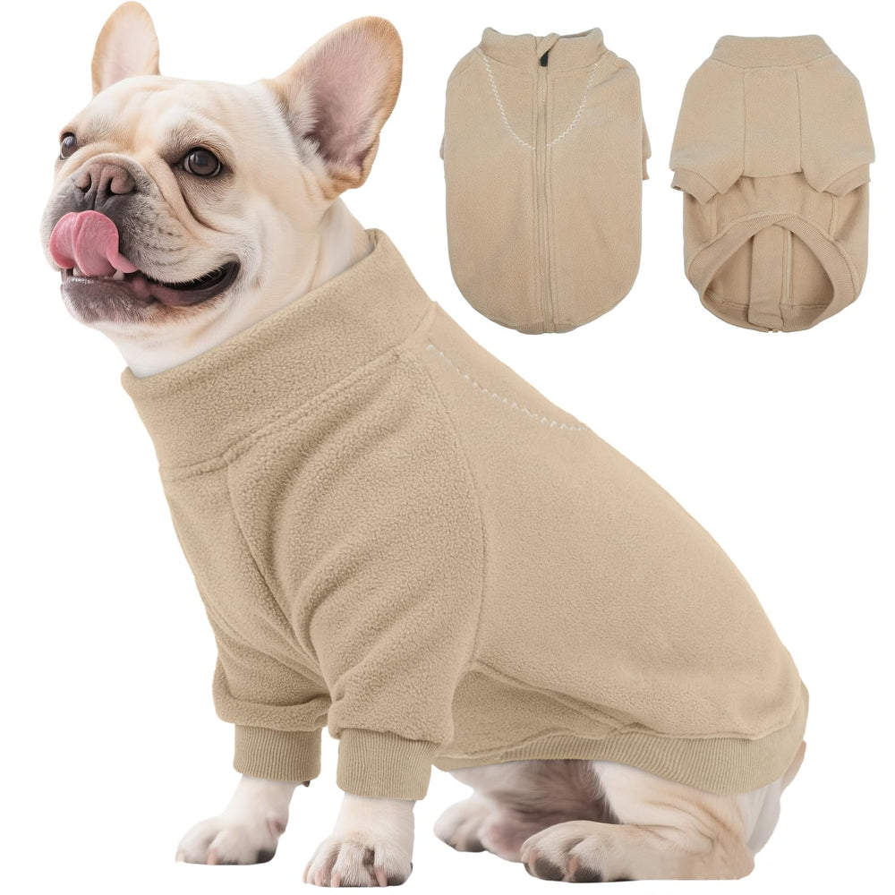 BRKURLEG dog sweater in light coffee XS, front view shows cozy fleece warmth for winter walks.