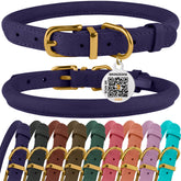BronzeDog rolled leather collar violet closeup highlighting durable wax finish for lasting wear.