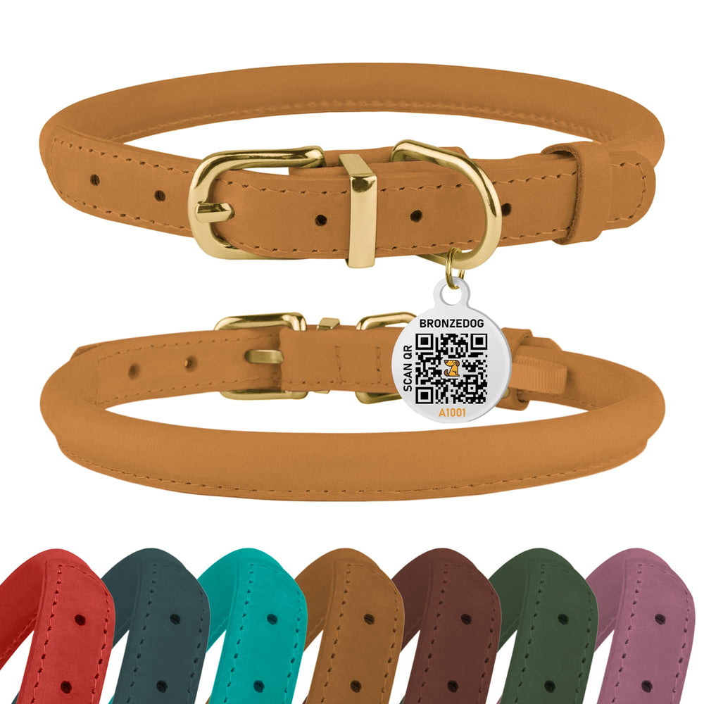 Collar BRONZEDOG de cuero enrollado mostaza, cómodo y duradero para uso diario.