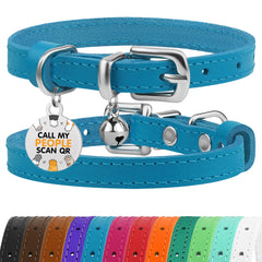 BRONZEDOG collar de cuero para gato en azul-plata con ajuste cómodo.