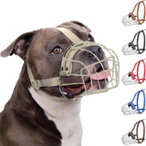 BRONZEDOG Pitbull muzzle front view highlights breathable steel basket for safe outdoor walks.