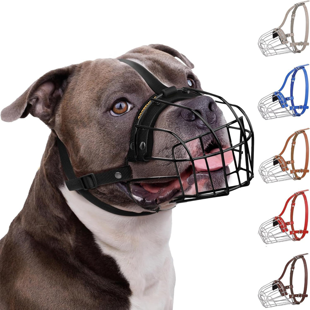 BRONZEDOG Pitbull muzzle with metal basket for secure fit and ventilation.