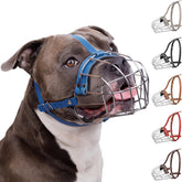 BRONZEDOG Pitbull muzzle overview highlighting sturdy metal basket for controlled outdoor activities.