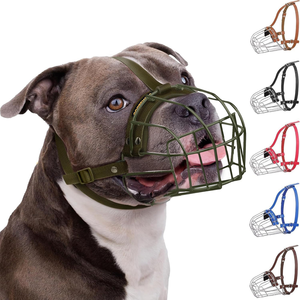 BRONZEDOG Pitbull muzzle steel basket shows secure, breathable design for safe outdoor walks.