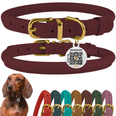 BronzeDog rolled leather collar closeup shows burgundy leather and durable 3/4-inch width.